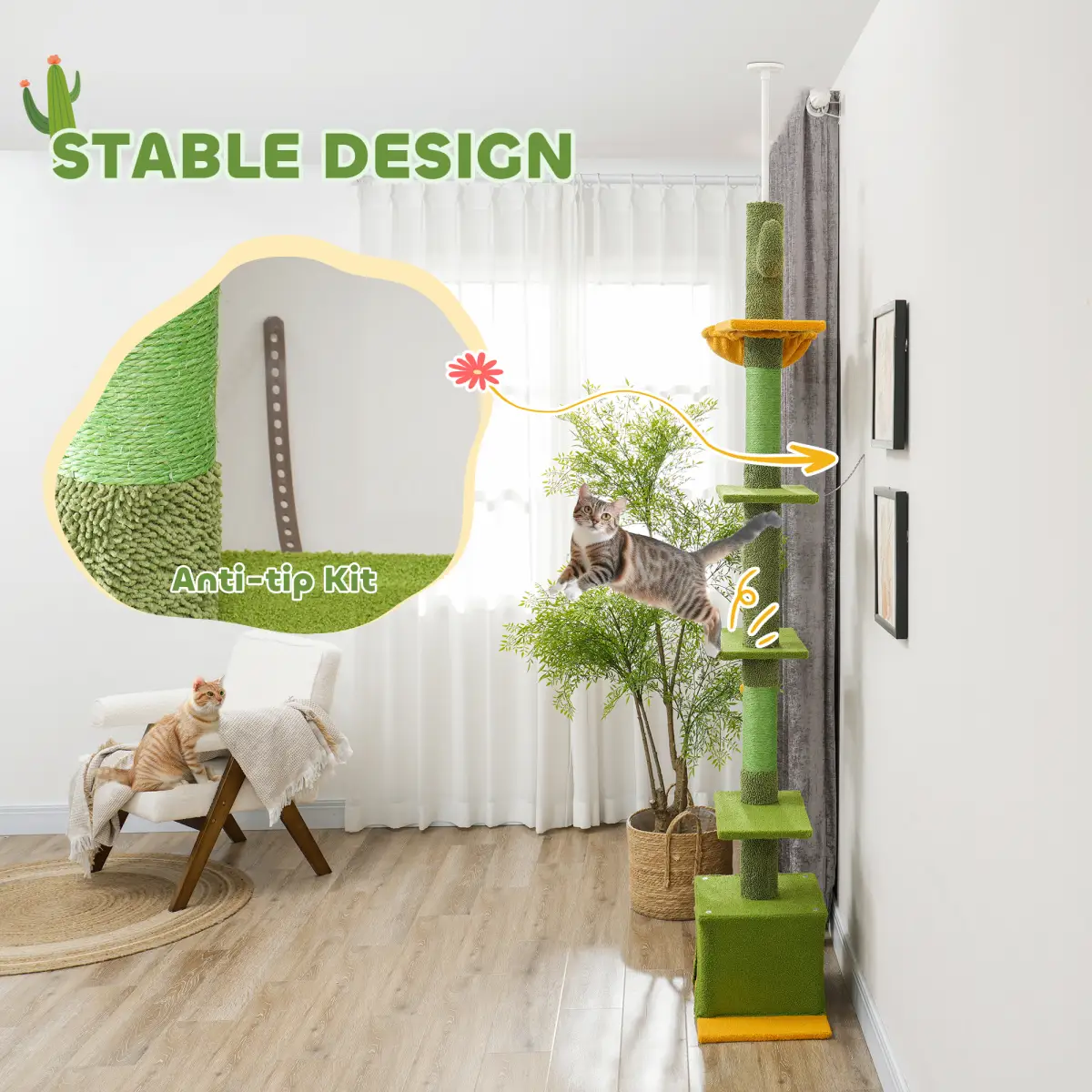 PawHut PawHut 230-275cm Floor-to-Ceiling Cat Tree for Indoor Cats with Cat House - Cat Tree