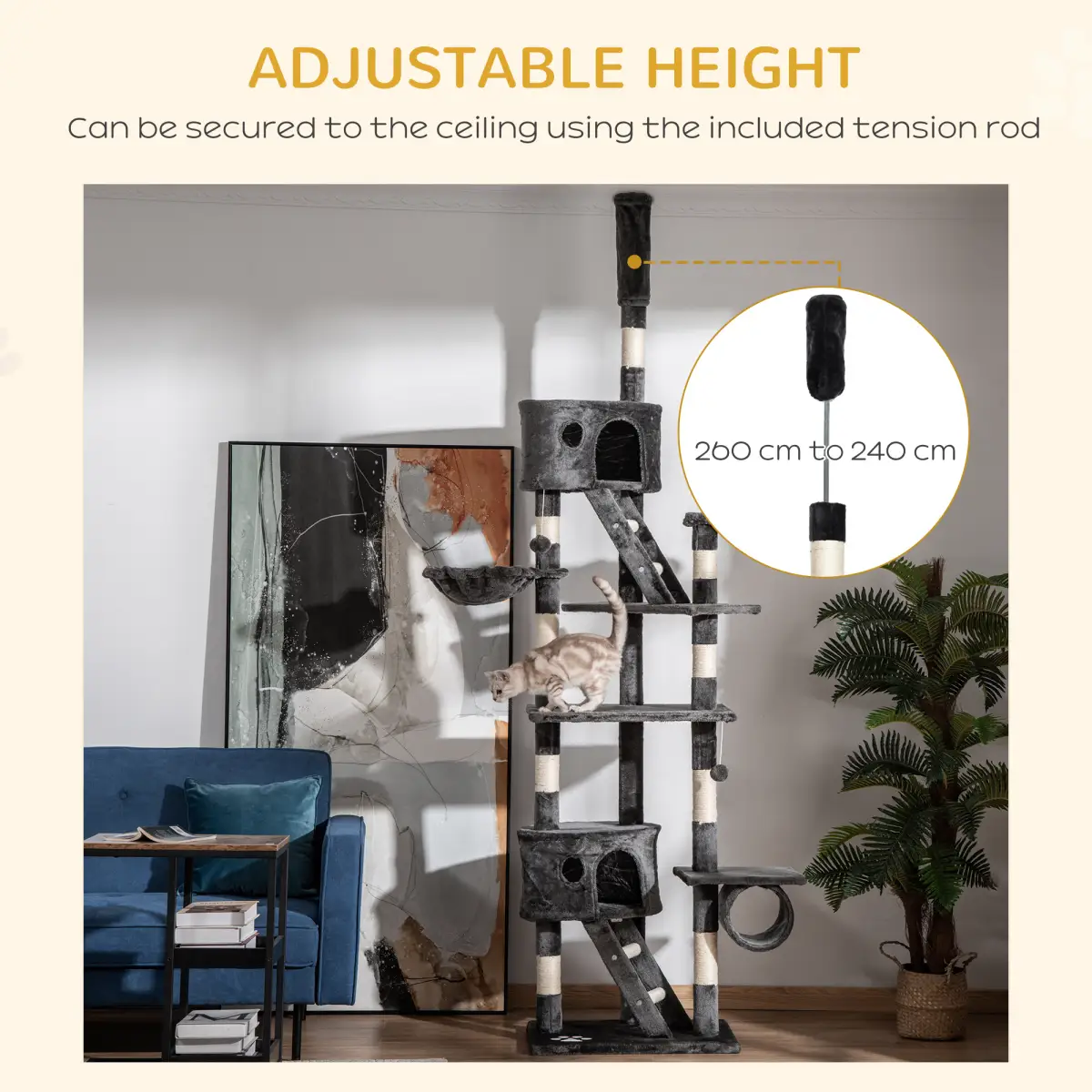 PawHut PawHut 240-260cm Floor to Ceiling Cat Tree with Scratching Posts - Dark Grey - Cat Tree
