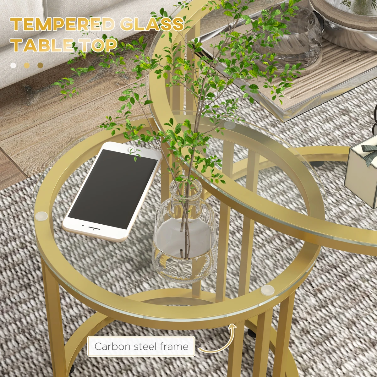HOMCOM Nesting Coffee Tables Two Piece Set Tempered Glass Tops Gold Art Deco Living Room Decor - Nest of Tables