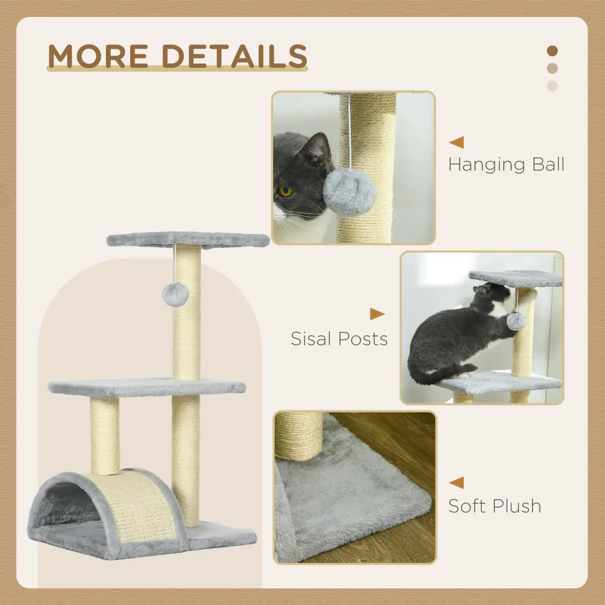 PawHut PawHut 72cm Cat Tree Climbing Tower with Sisal Scratching Post - Light Grey - Cat Tree