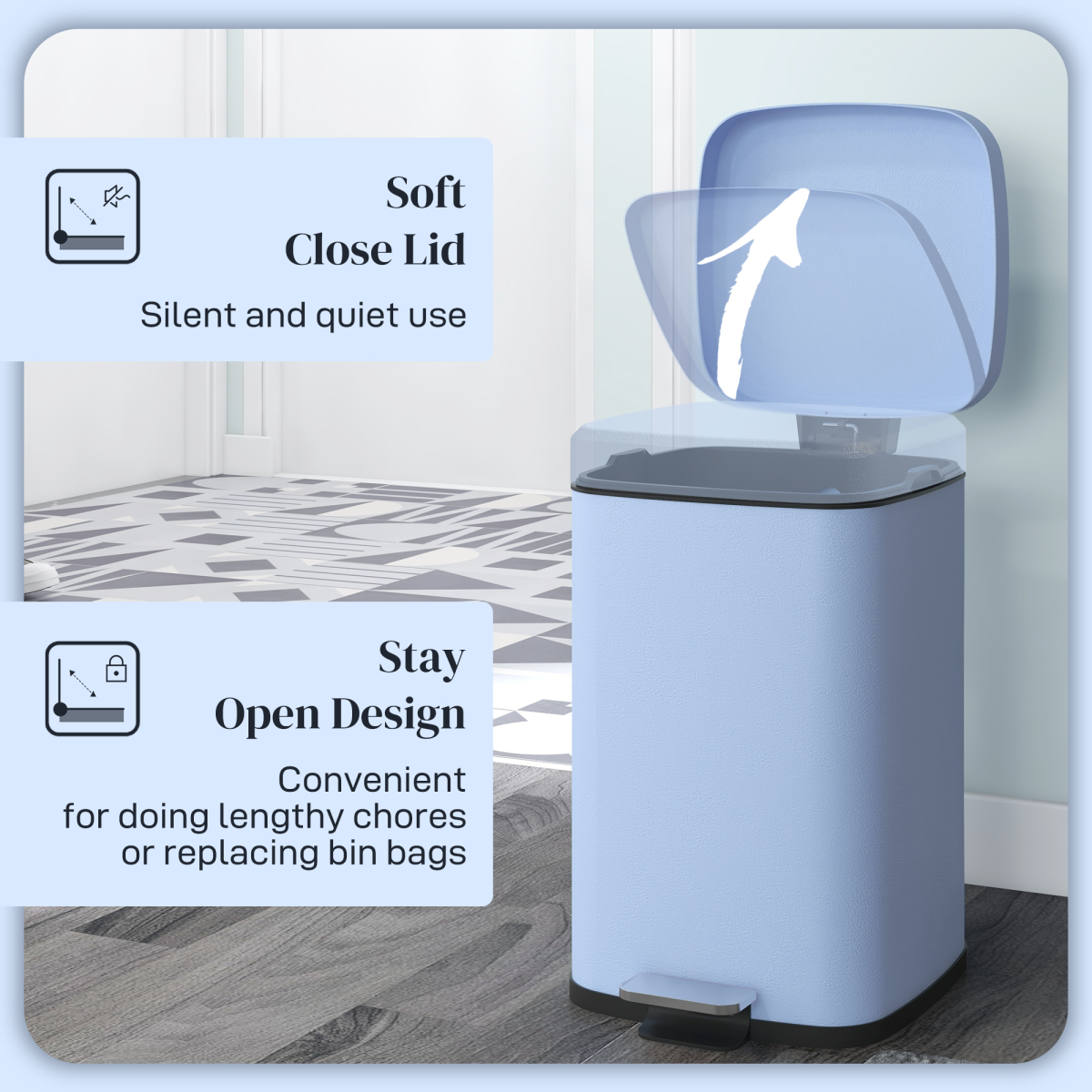 HOMCOM 20L Kitchen Pedal Bin, Metal Rubbish Bin with Soft-close Lid, Light Blue - from PawHut