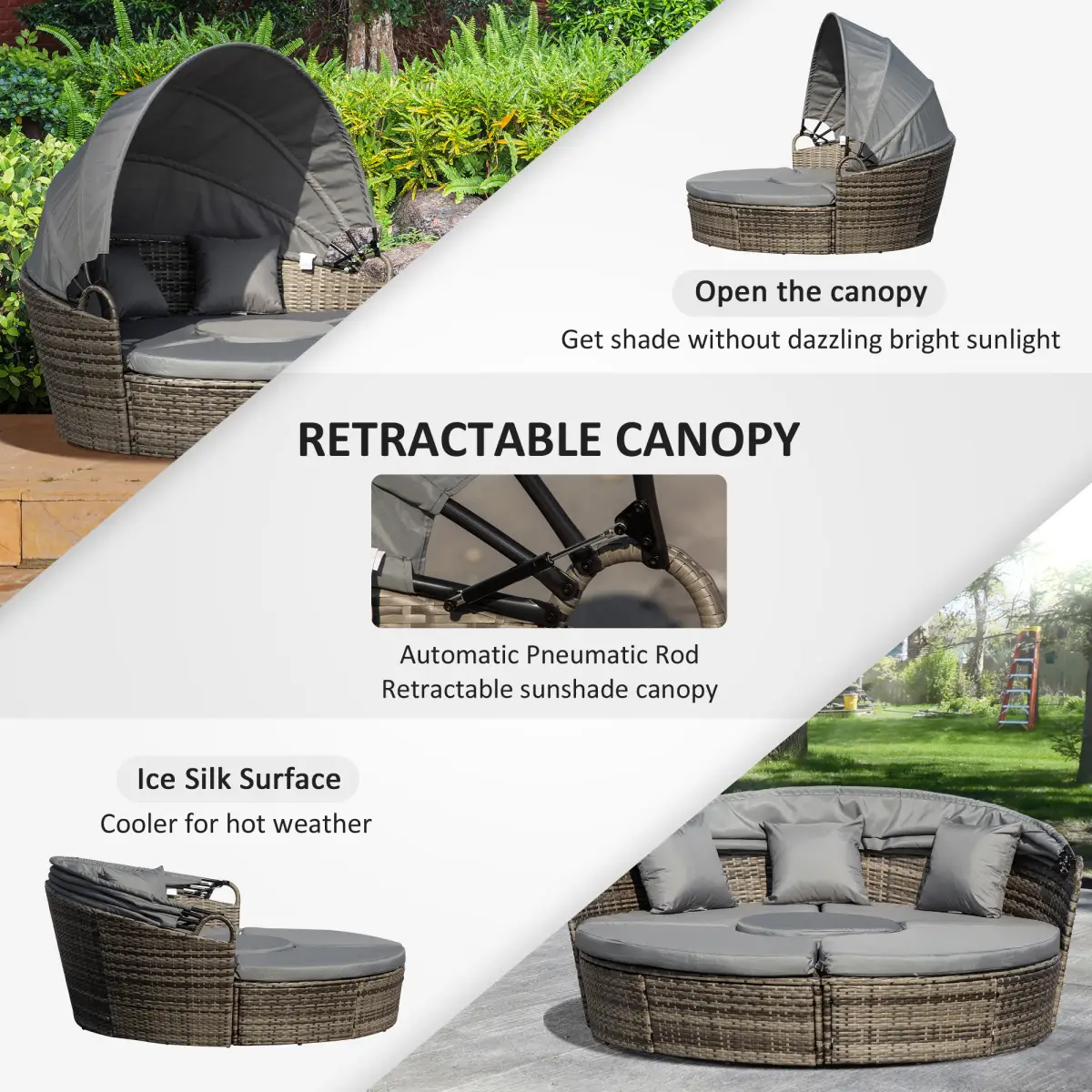 Outsunny Outsunny 5 PCs Cushioned Outdoor Plastic Rattan Round Sofa Bed Table Set Grey - Garden Sofa Sets