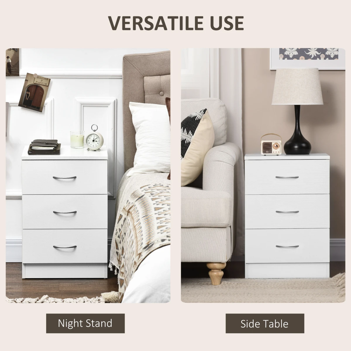HOMCOM Bedside Cabinet 40x30x60 Cm White 3 Drawer Nightstand With Smooth Glides by HOMCOM