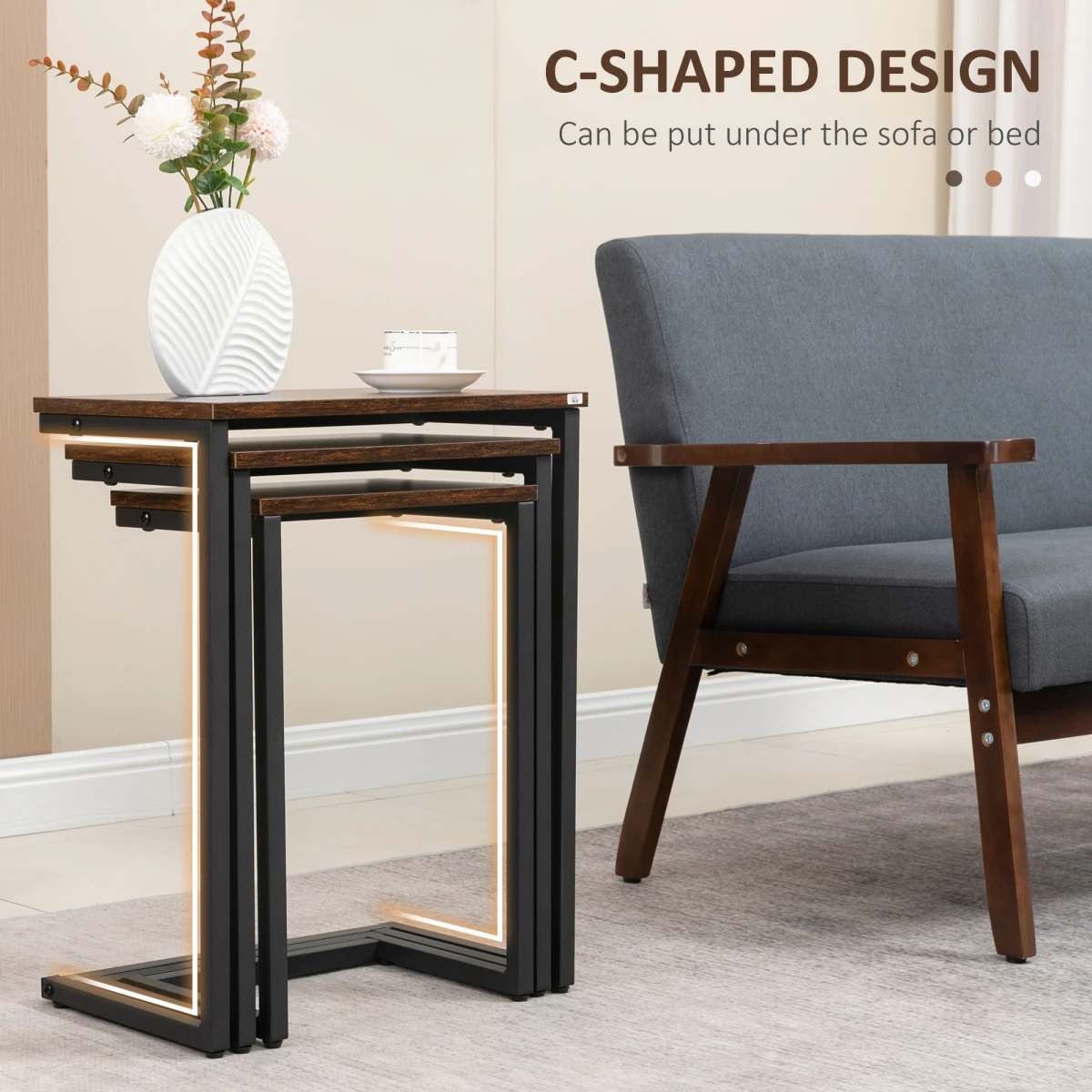 HOMCOM HOMCOM C Shaped Nesting Tables Set of 3 Small Medium Large Rustic Brown Steel Frame Space Saving Living Room End Tables - Nest of Tables