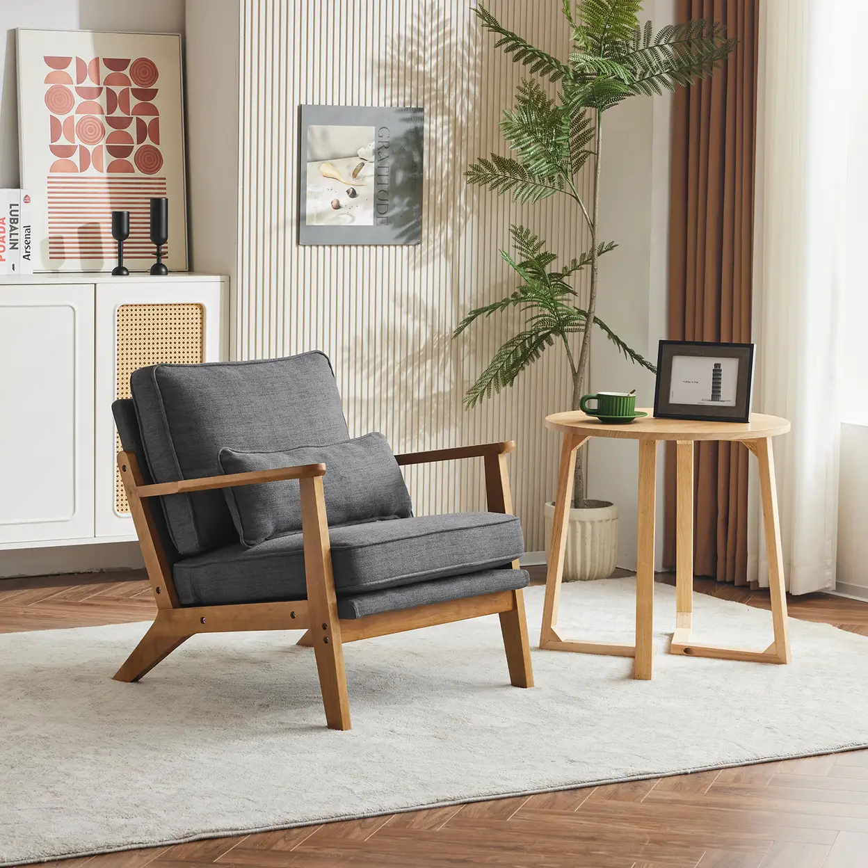 N/A Mid-Century Oak Accent Chair - Linen-Cotton Dark Gray Upholstered Single Lounge Chair, Indoor Armchair with Sturdy Wood Frame (330LBS Weight Capacity) - Accent Chair