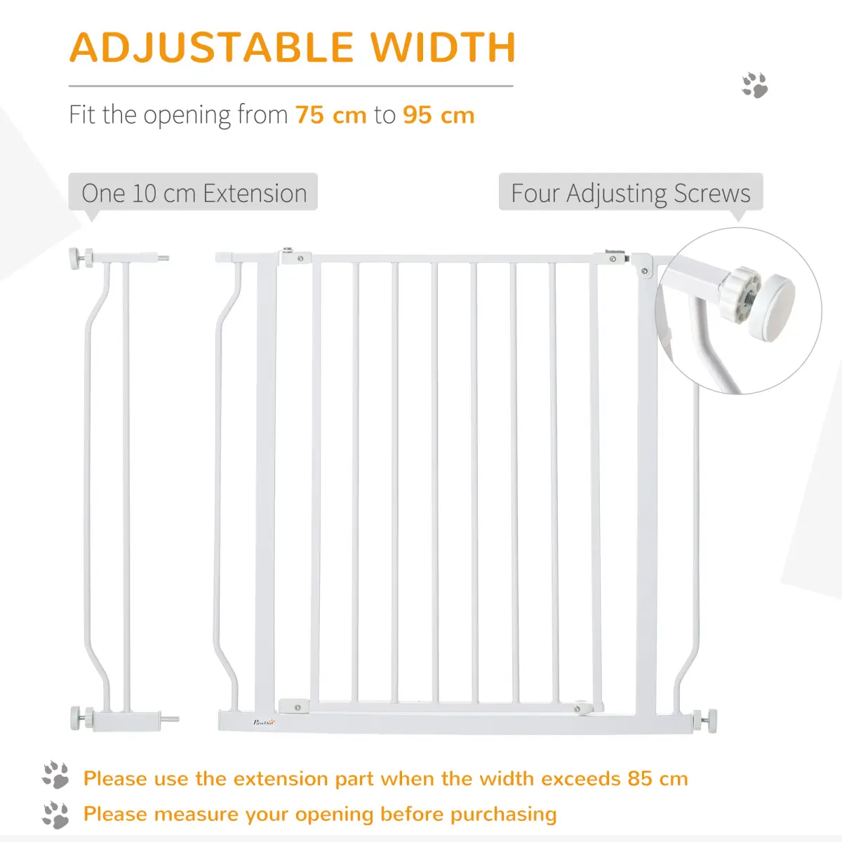 PawHut PawHut Dog Gate Wide Stair Gate with Door Pressure Fit, 75-95W cm, White - Pet Gate
