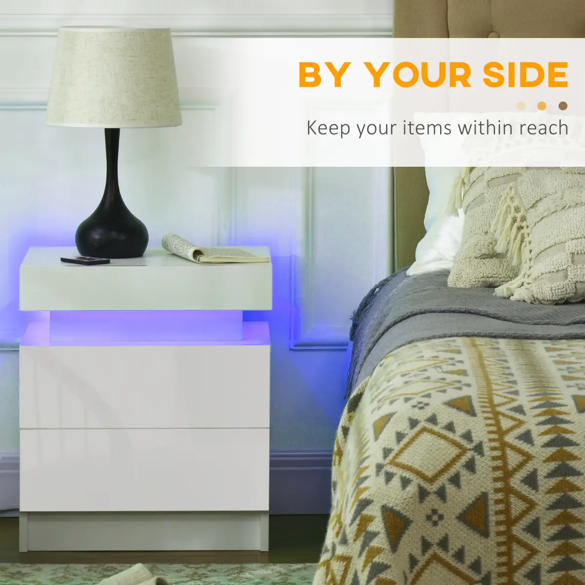 HOMCOM HOMCOM White Bedside Table, High Gloss Front Nightstand w/ LED Light, 2 Drawers - Bedside Table