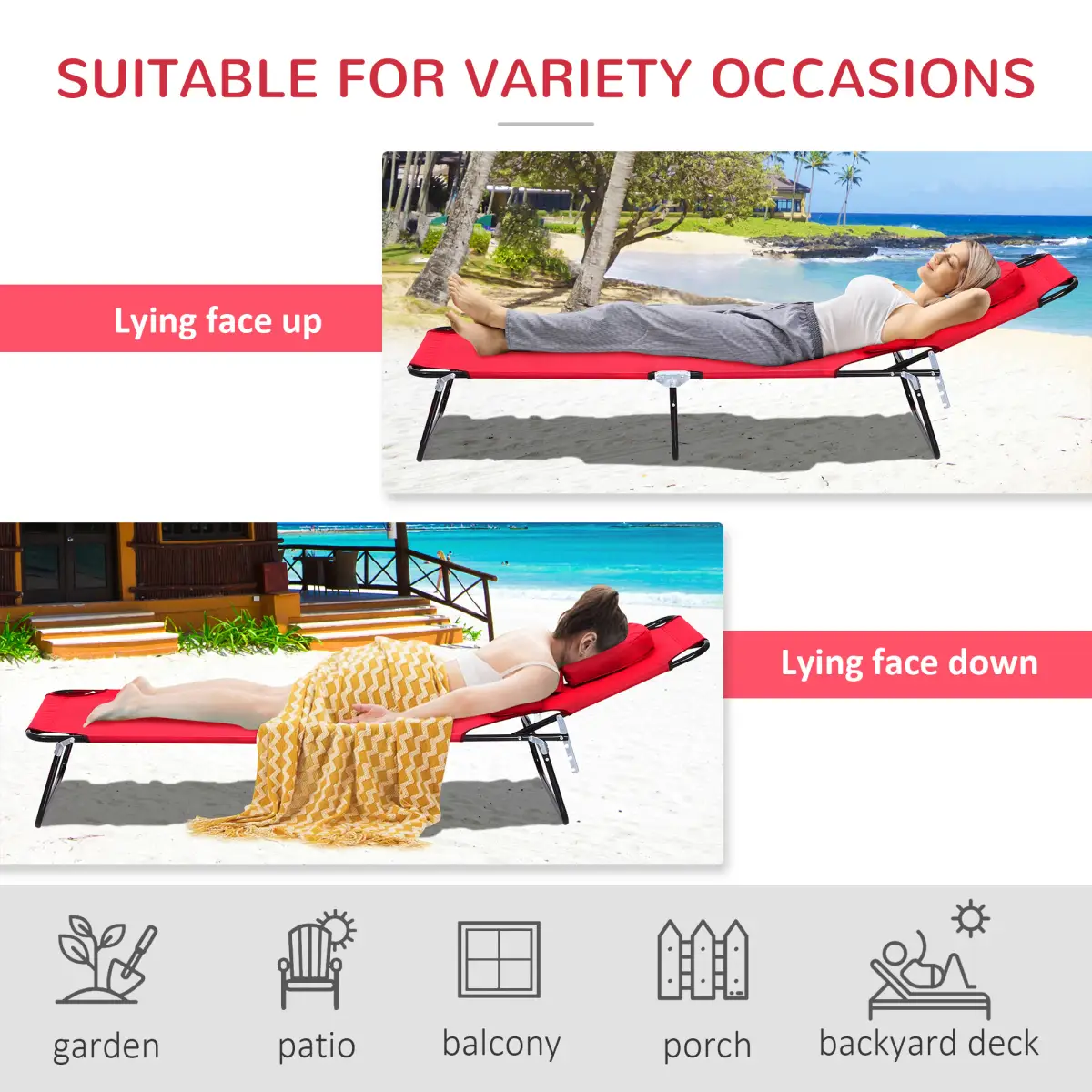 Outsunny Outsunny Folding Sun Lounger Reclining Chair w/ Pillow Reading Hole Red - Sun Lounger