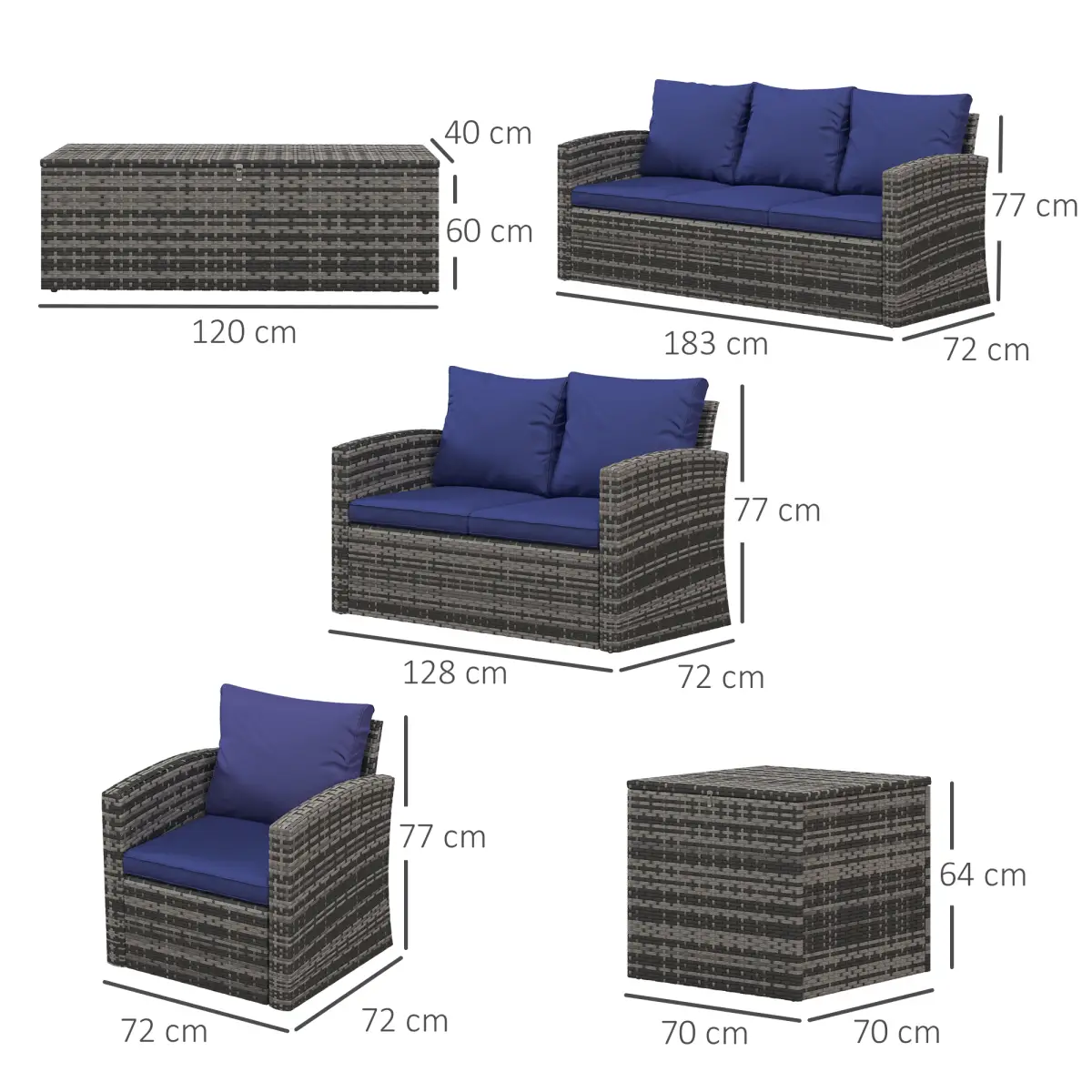 Outsunny Outsunny 6 PCS Patio Rattan Sofa Set Conversation Furniture Navy Blue - Garden Sofa Sets