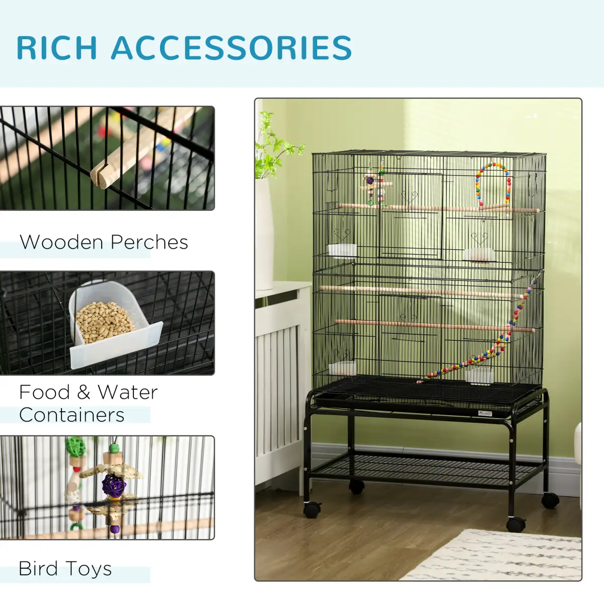 PawHut Bird Cage, with Stand, Wheels, Toys, for Budgies, Finches, Parakeets - Pet Cage