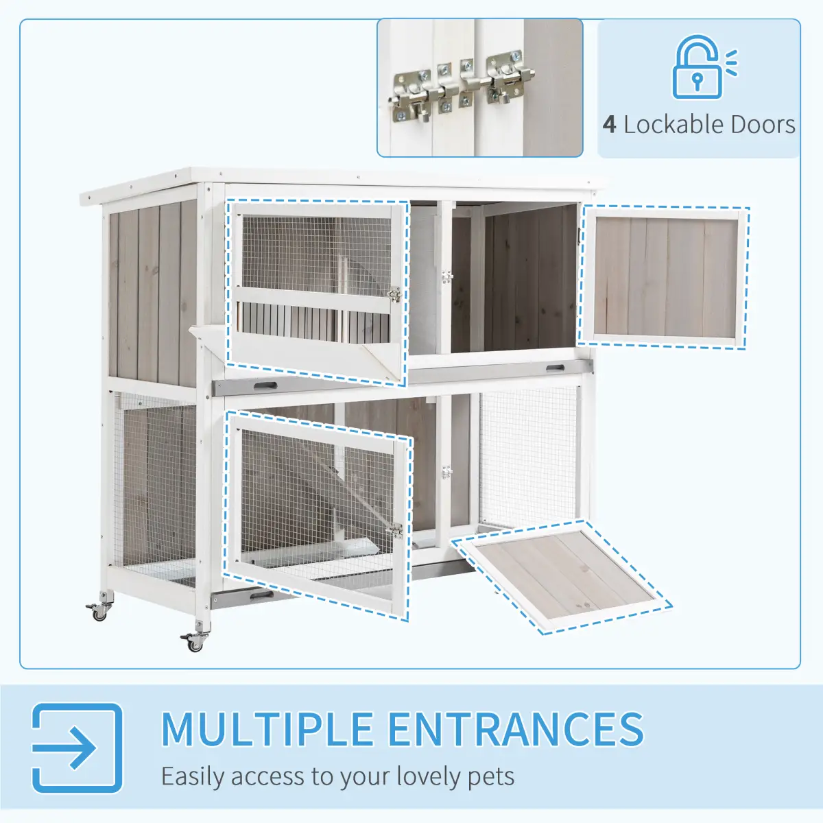 Unbranded Two-Tier Wooden Rabbit Hutch w/ Wheels, Trough, Rain Cover, Tray - Grey Pawhut - Rabbit Hutch