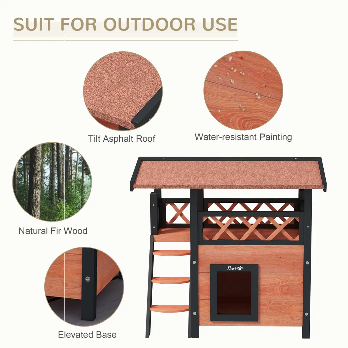 PawHut PawHut Outdoor Cat House with Balcony Stairs Roof, Brown - Cat House