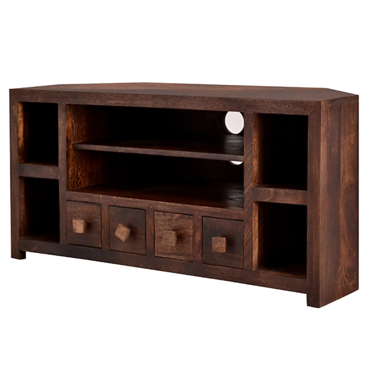 Contemporary Corner TV Unit In Dark Mango Finish, Sustainable Mango Wood, Fully Assembled, Open Shelves And 4 Drawers