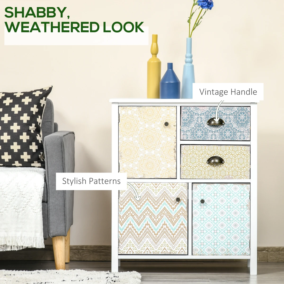 HOMCOM Boho Chic Storage Chest Compact Two Drawers And Three Cabinets Colorful Pattern Panels For Any Room - Chest of Drawers