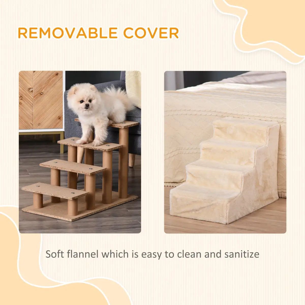 PawHut Portable Dog Stairs with Washable Plush Cover, for High Bed Sofa - Beige - Dog Steps