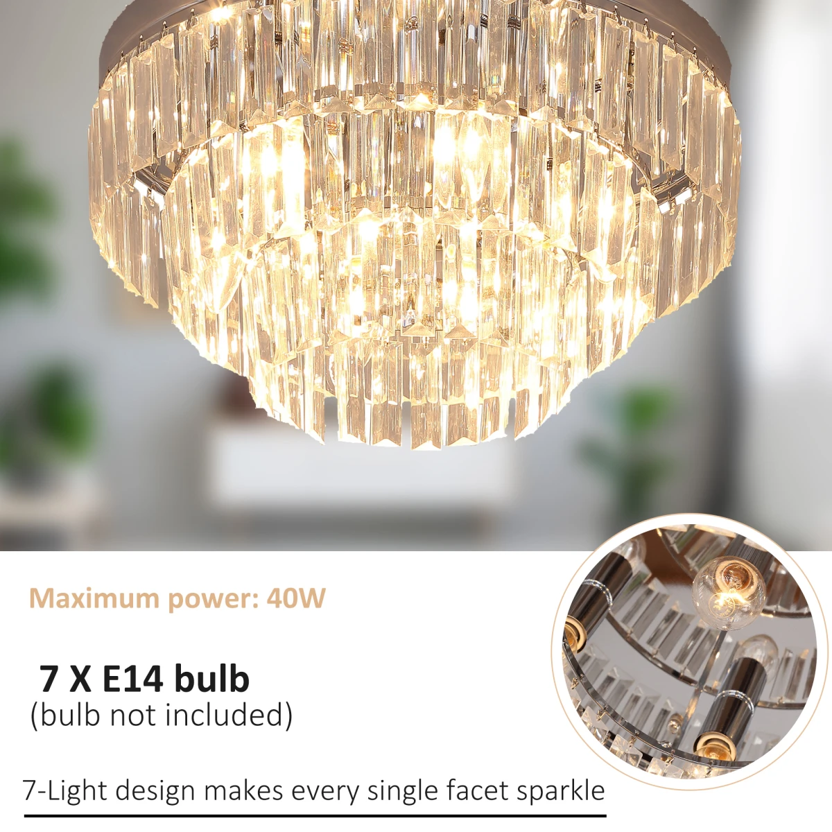 HOMCOM Crystal Ceiling Lamp Round 7 Light Hallway - Ceiling Lights