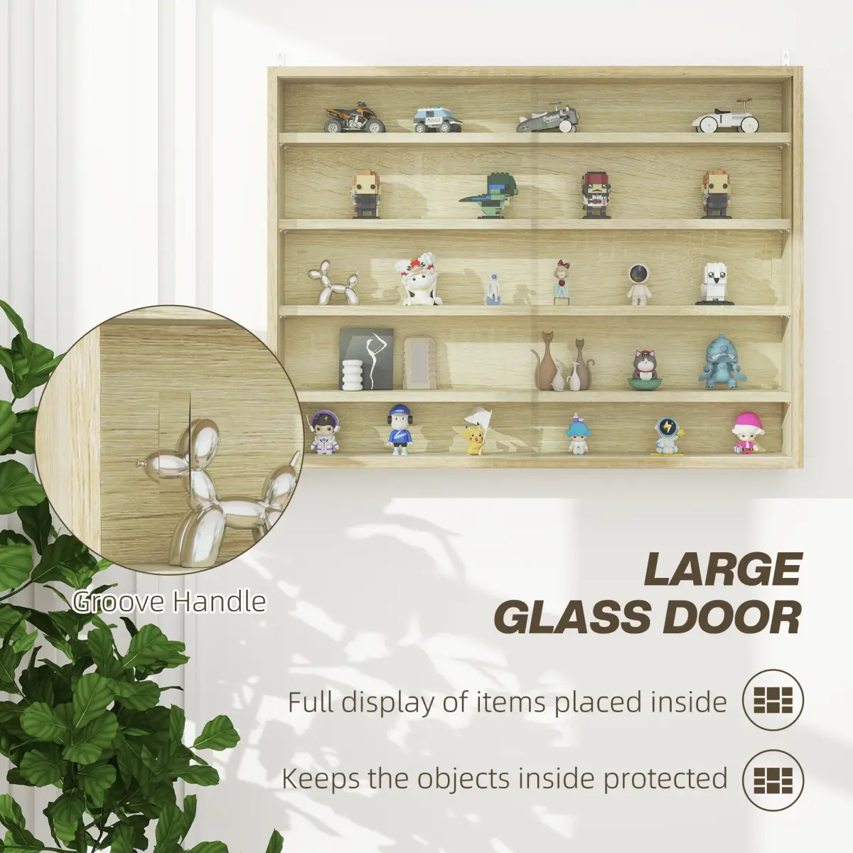 HOMCOM HOMCOM 5-Tier Wall Display Shelf Unit Cabinet w/ Shelves Glass Doors Oak - Display Cabinet