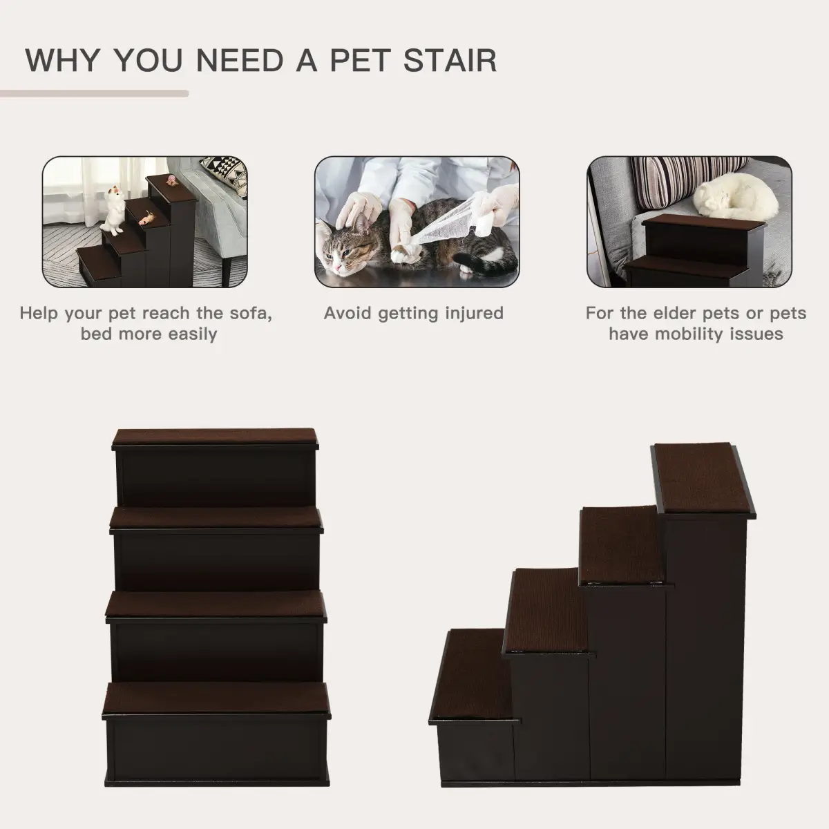 Pawhut 4-Step Wooden Pet Stair Steps with Soft Short Plush Cushions Dog Ladder for Bed - Dog Steps
