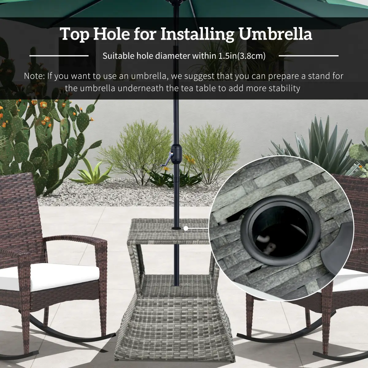 Outsunny Outsunny Rattan Wicker Tea Coffee Table w/ Umbrella Hole and Storage Space Grey - Garden Table