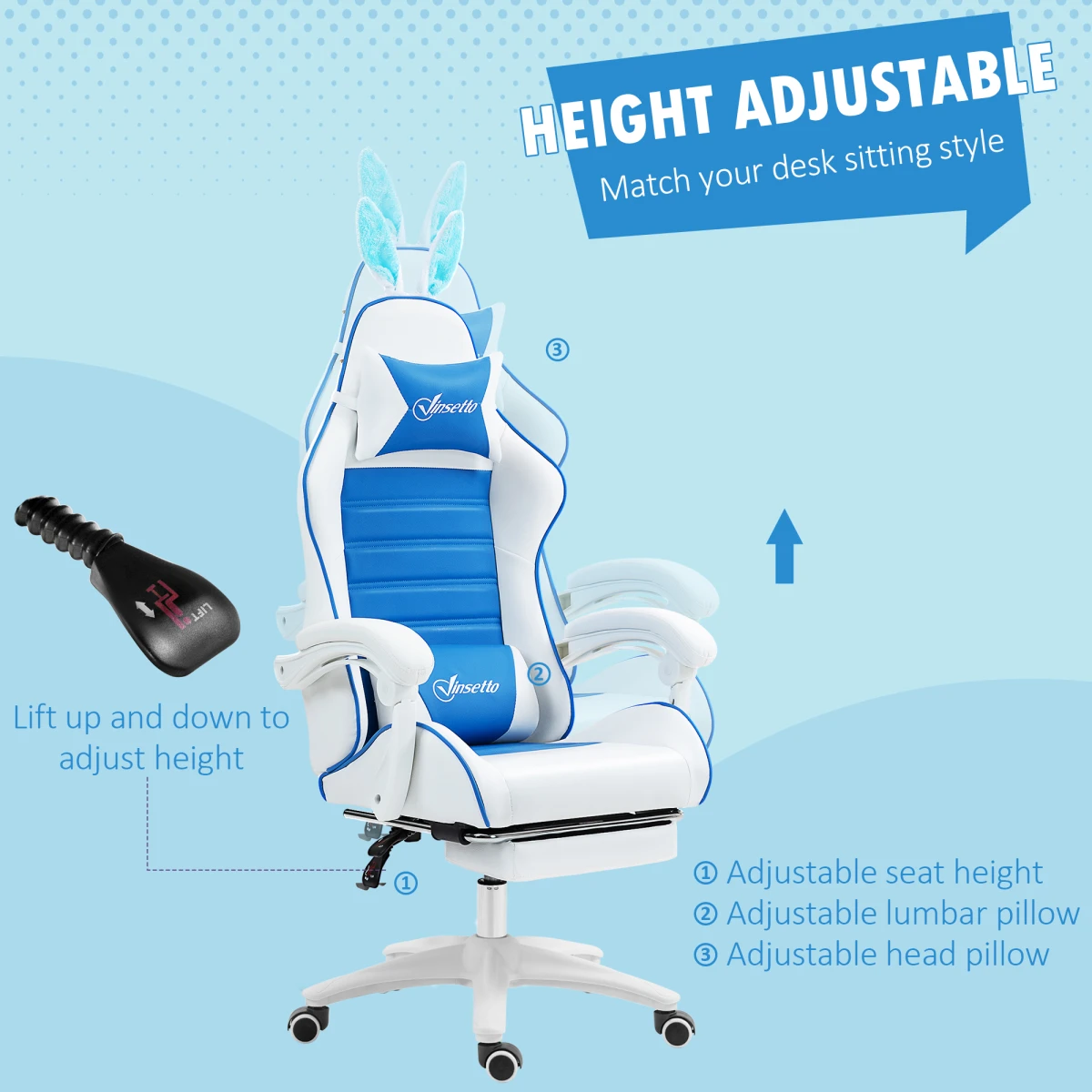 Vinsetto Racing Chair 44-52cm Footrest Rabbit Ears by AIYAPLAY