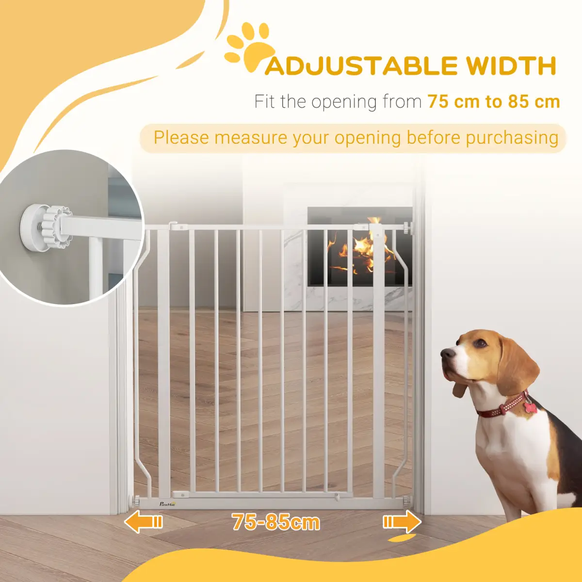 PawHut PawHut Dog Gate Wide Stair Gate w/ Door Pressure Fit, 75-85W cm, White - Pet Gate