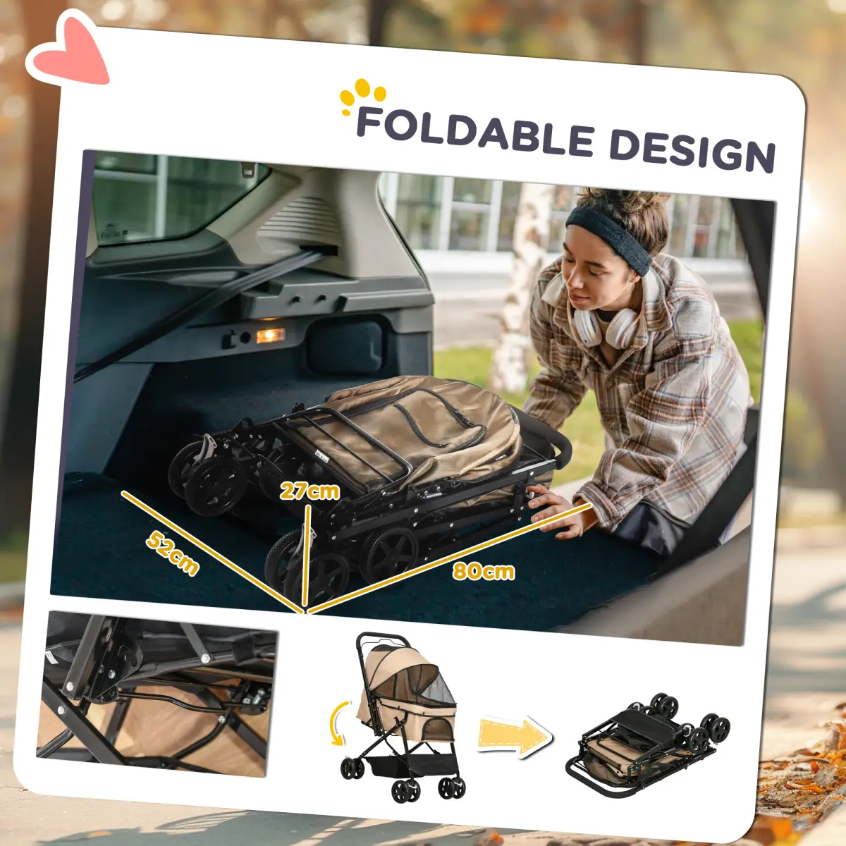 PawHut Pet Stroller Dog Foldable Travel Carriage with Reversible Handle, Brown - Pet Carrier