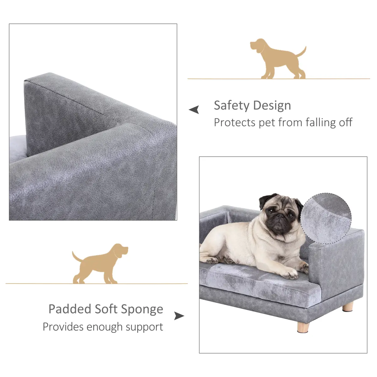 PawHut Dog Sofa Bed Kitten Couch Lounge for Small-Sized Dogs, Soft Padded - Grey - Dog Beds