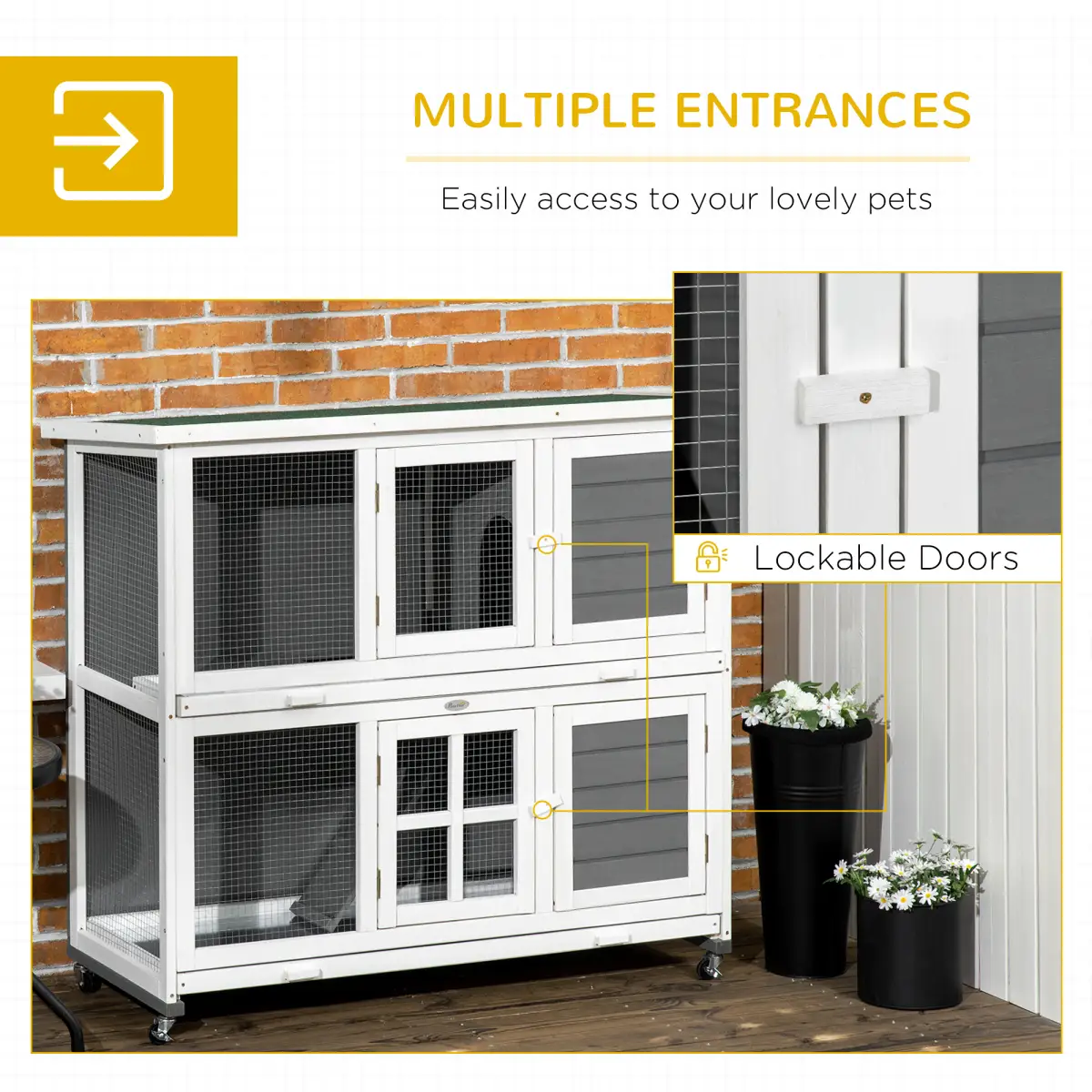 PawHut PawHut Wooden Rabbit Hutch, Small Animal House w/ Wheels, Removable Tray - Grey - Rabbit Hutch