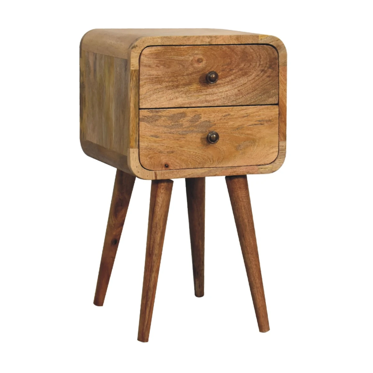 Artisan Nightstand Mini Solid Mango Wood Oak Finish Curved Edges Two Drawer Bedroom Decor for Small Spaces by Artisan Furniture