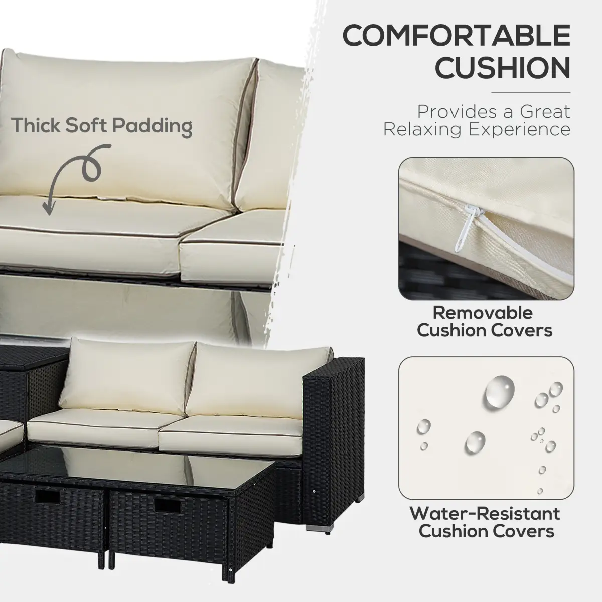 Outsunny 4-Seater Rattan Wicker Garden Patio Sofa Storage & Table Set Black - Garden Sofa Sets