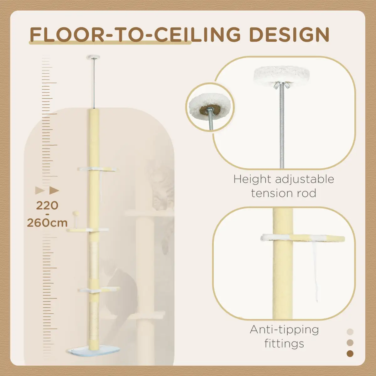 Unbranded 260cm Height Adjustable Floor-To-Ceiling Cat Tree w/ Anti-Slip Kit - Yellow - Cat Tree