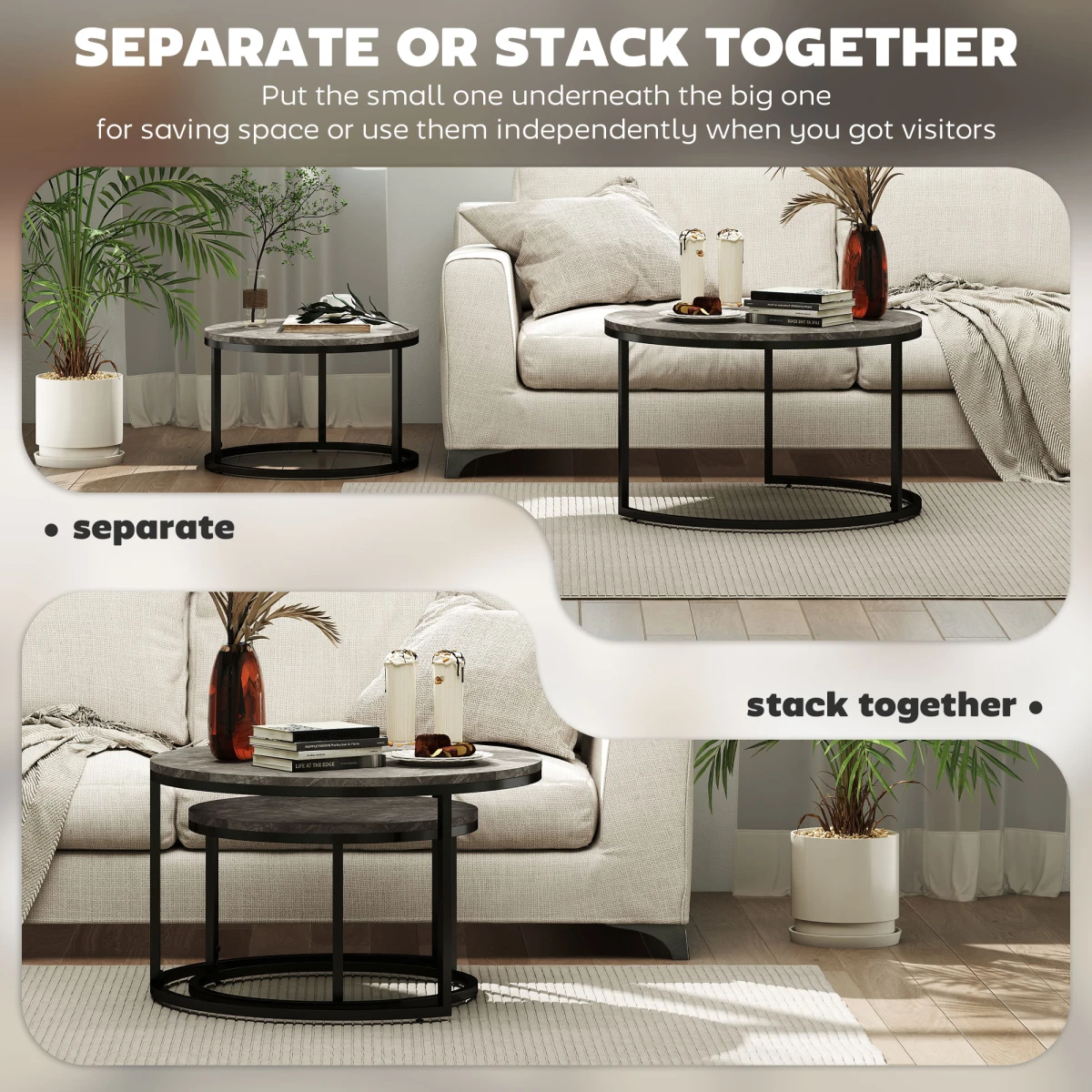 HOMCOM Two Piece Stacking Coffee Tables Set Large And Small Marble Effect MDF Tops Steel Frame With Foot Pads For Living Room - Coffee Table