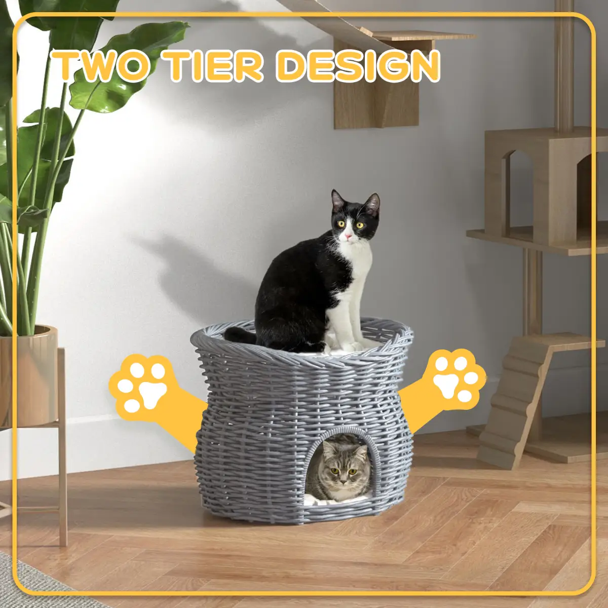 PawHut PawHut 2-Tier Elevated Pet Cushion Bed Basket Willow Cat Tree House Condo Kennel - Cat House