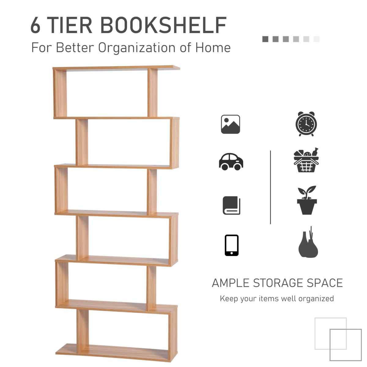 Premium Maple Tall 6 Tier S Shaped Wooden Shelf For Home Office Display And Organization - Office Storage