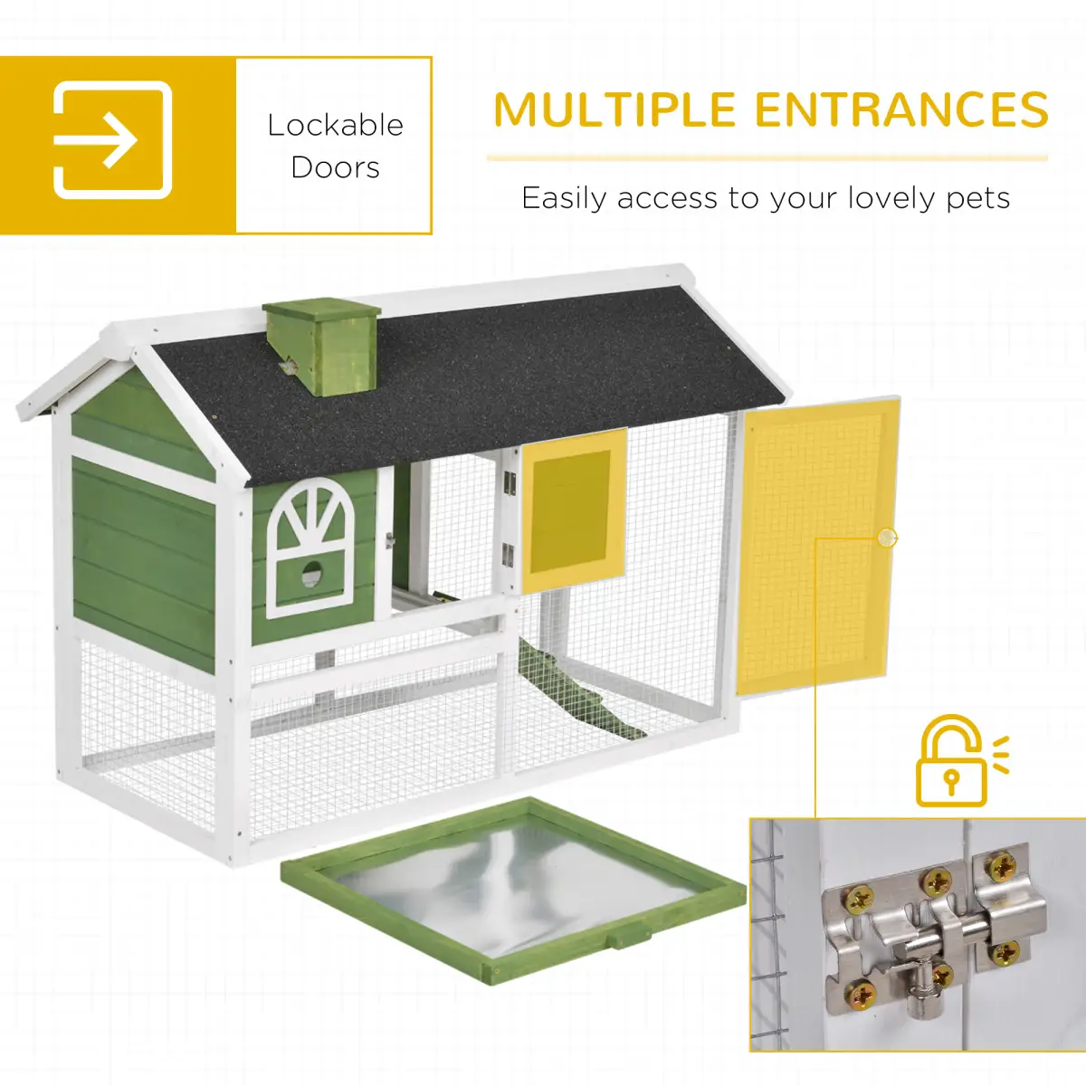 Pawhut Rabbit Hutch Wood Bunny Cage for Outdoor Indoor w/ Pull Out Tray Run Ramp Green - Rabbit Hutch