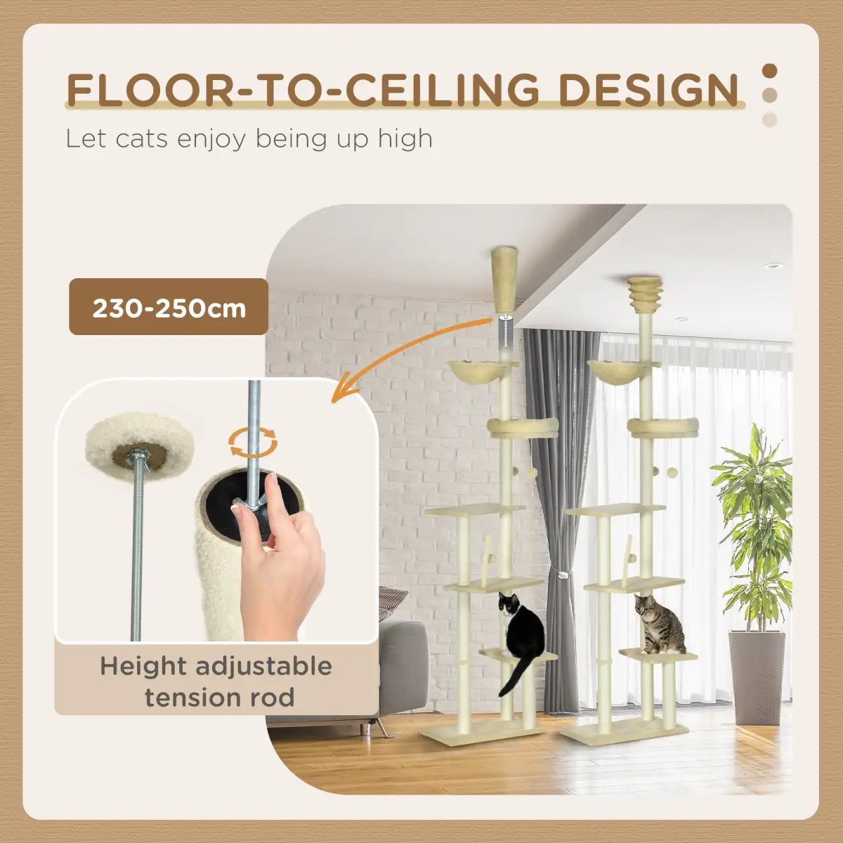 PawHut 6-Tier Floor to Ceiling Cat Tree with Scratching Post, Bed, Hammock, Beige - Cat Tree
