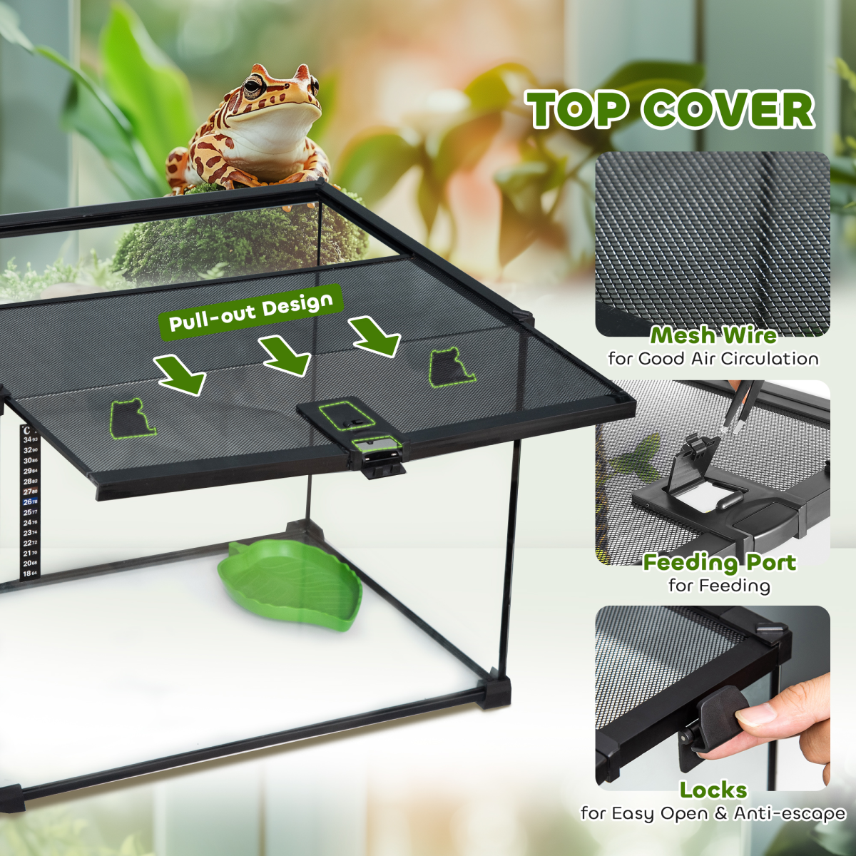 50 x 30 x 35 cm Reptile Terrarium for Lizards, Horned Frogs, Snakes, Black - from Pawhut