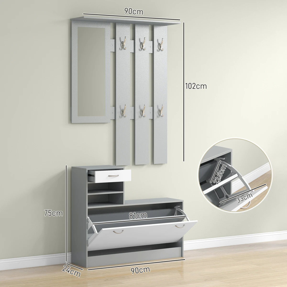 HOMCOM Hallway Furniture Set Compact Size With Mirror And Shoe Cabinet For Entryway Organization - Wardrobe