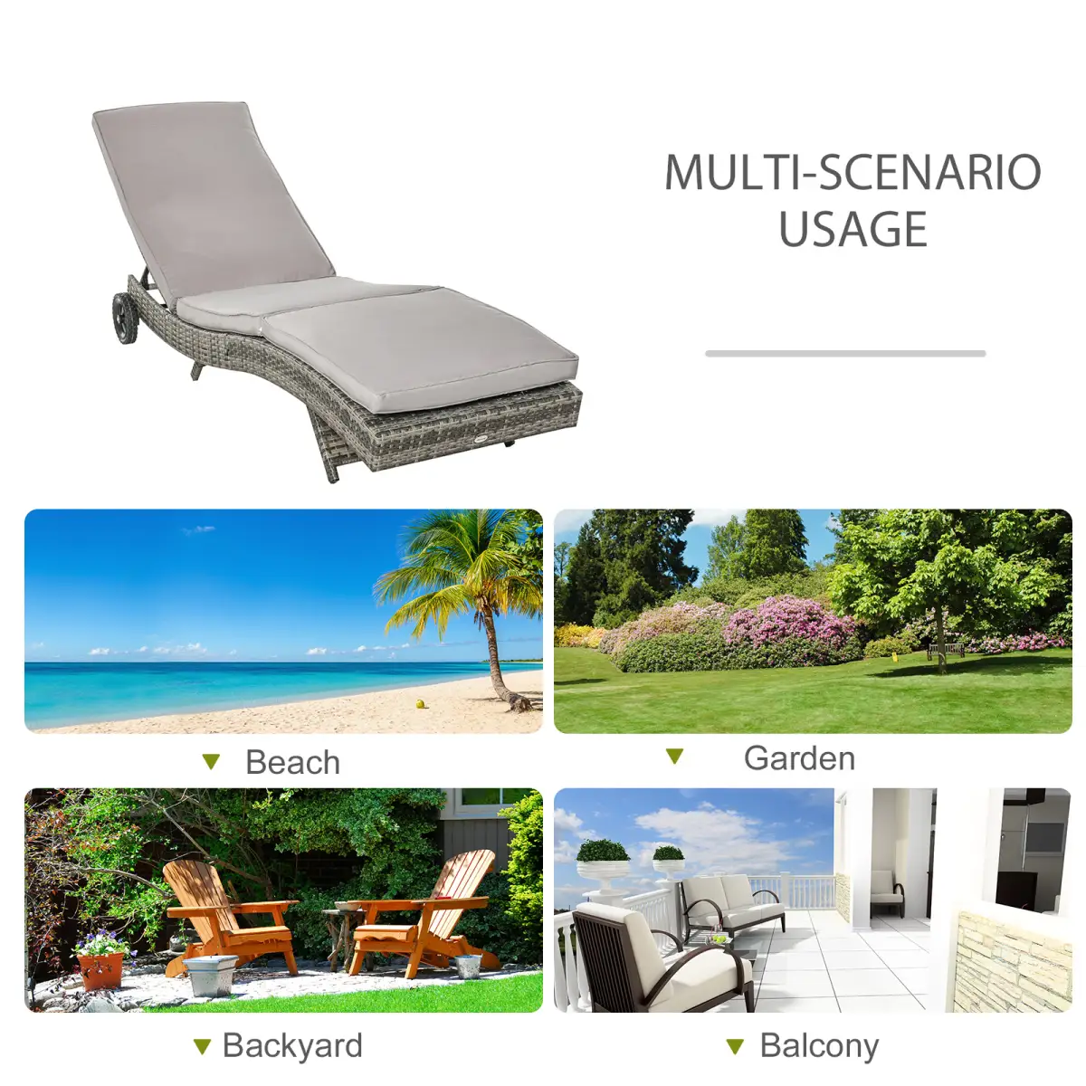 Outsunny Outsunny Outdoor Reclining Lounge Chair, PE Wicker, Rolling Wheels, Grey - Sun Lounger