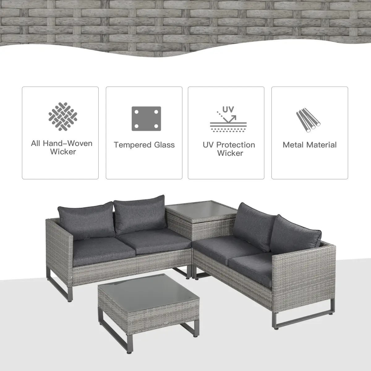 Outsunny Outsunny 4 PCs Rattan Wicker Sofa Set Conservatory Furniture w/ Side Storage Box - Garden Sofa Sets
