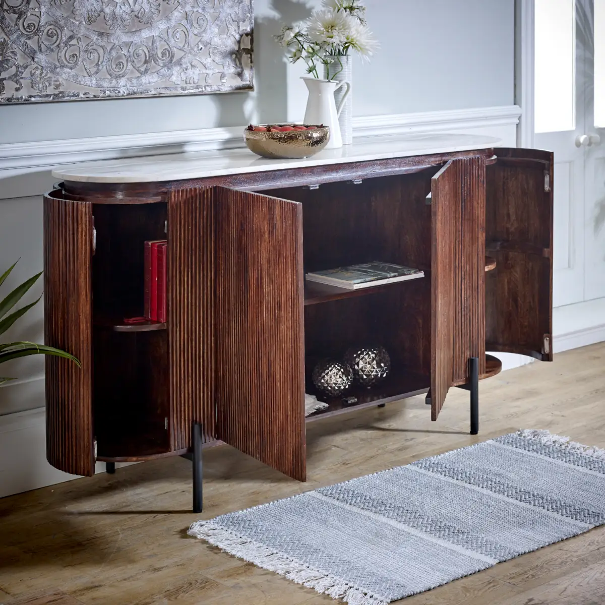 Indian Hub Opal Mango Wood Sideboard With Marble Top & Metal Legs - Sideboard