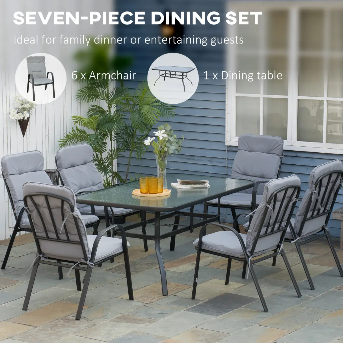 Outsunny Outsunny 7 PCs Garden Dining Set, Glass Table w/ Umbrella Hole & Cushion, Black - Garden Set