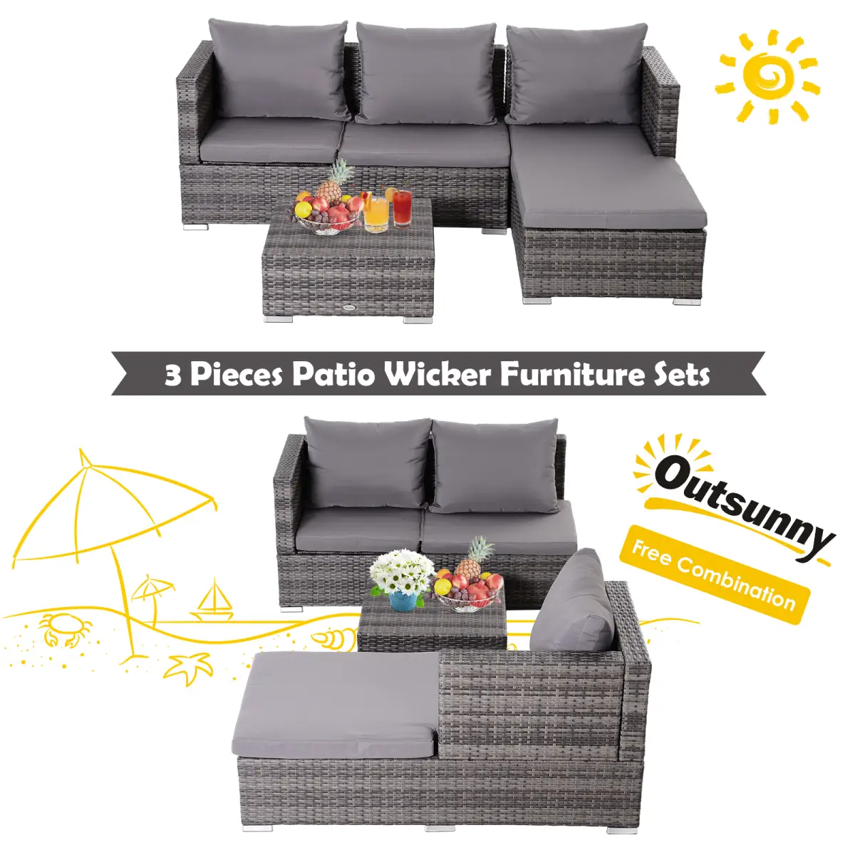 Outsunny Outsunny Rattan Garden Sofa Set Storage Table Wicker Patio Lounger 4-Seater Grey - Garden Sofa Sets