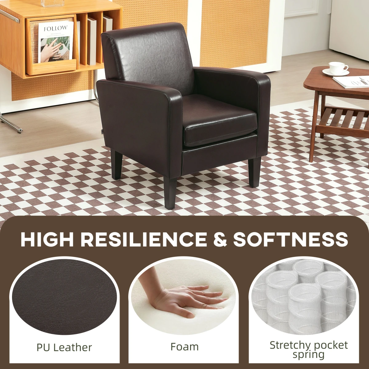 HOMCOM Armchair Compact PU Leather Eucalyptus Wood Bedroom - Armchair