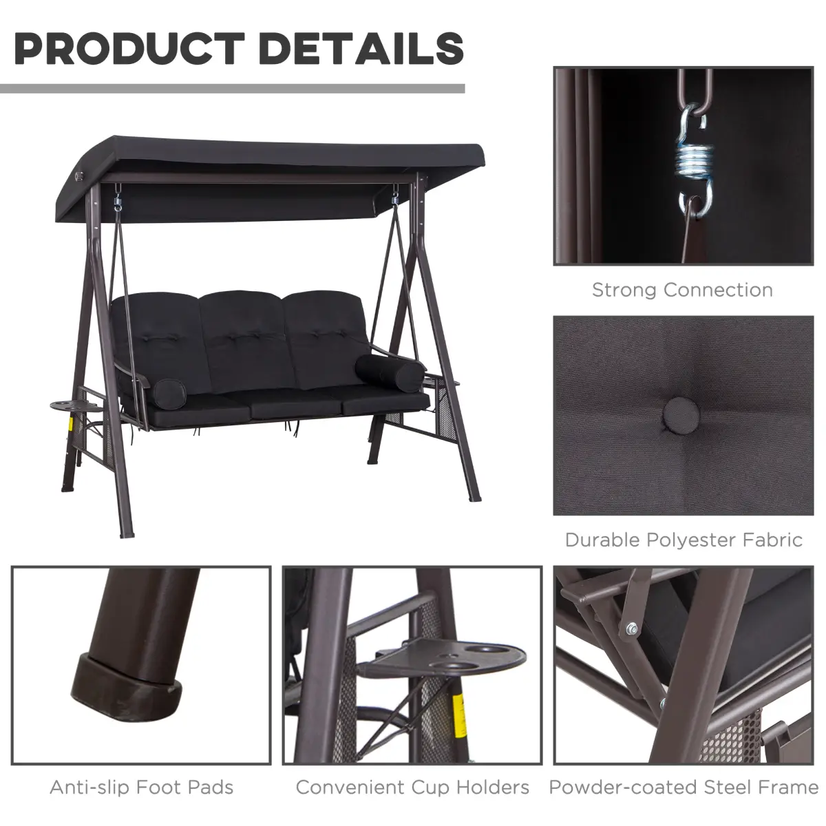 Outsunny Outsunny 3 Seater Garden Swing Chair Patio Swing Bench w/ Cup Trays Black - Hammocks