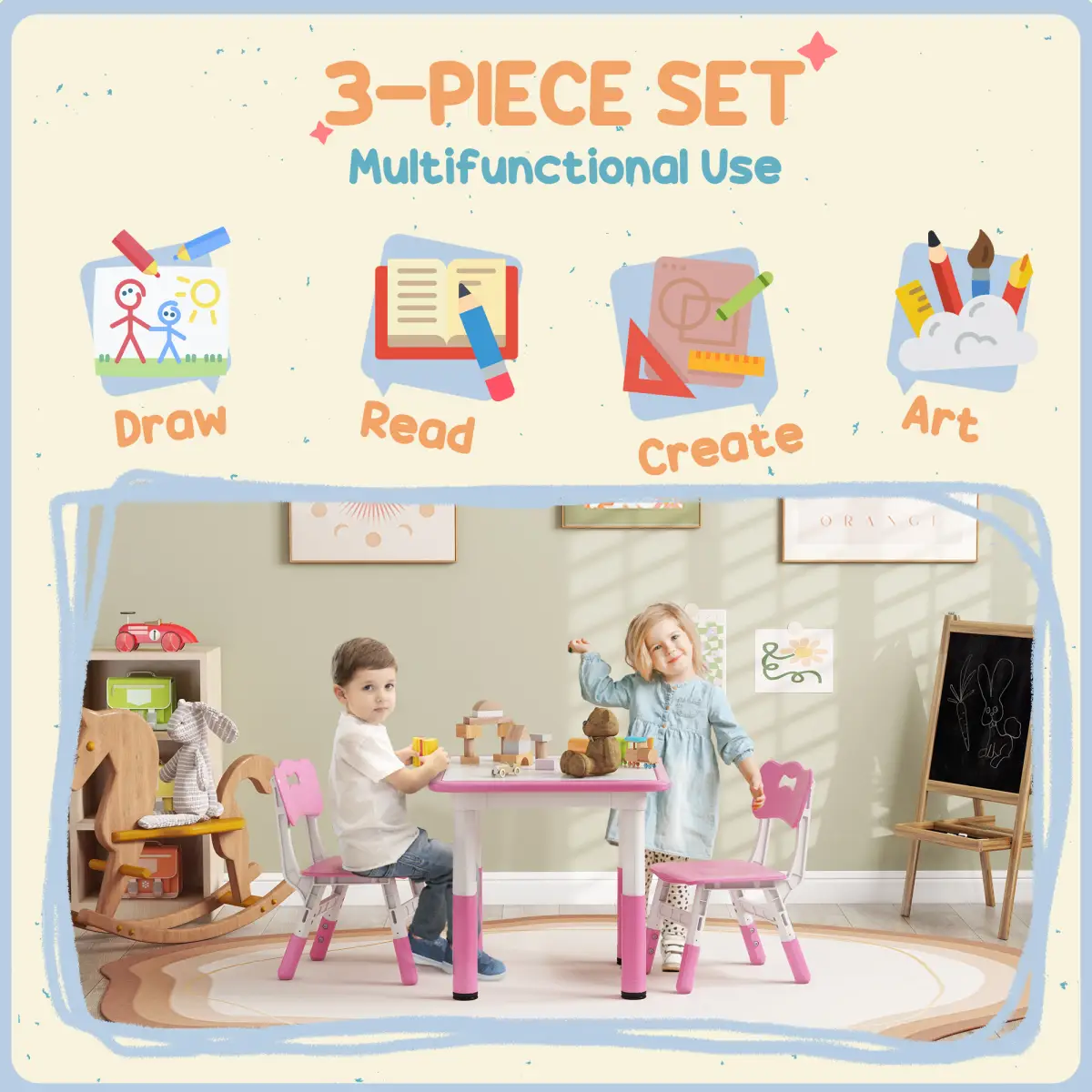 AIYAPLAY AIYAPLAY 3 Pcs Height Adjustable Kids Table and Chair Set for Playroom - Pink - Picnic Tables