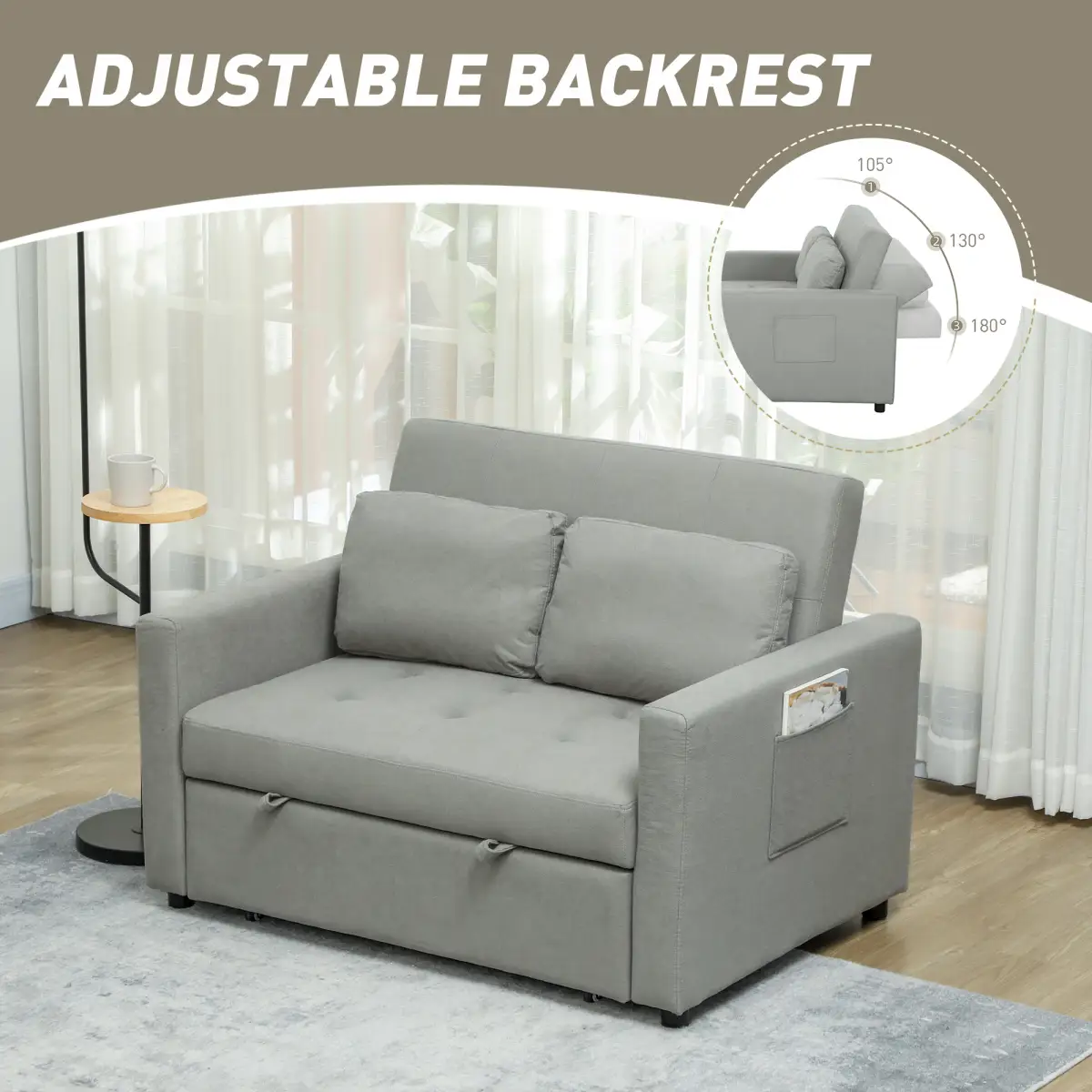 HOMCOM HOMCOM 2 Seater Sofa Bed Convertible Bed Settee with Cushions, Pockets, Grey - Sofa Bed