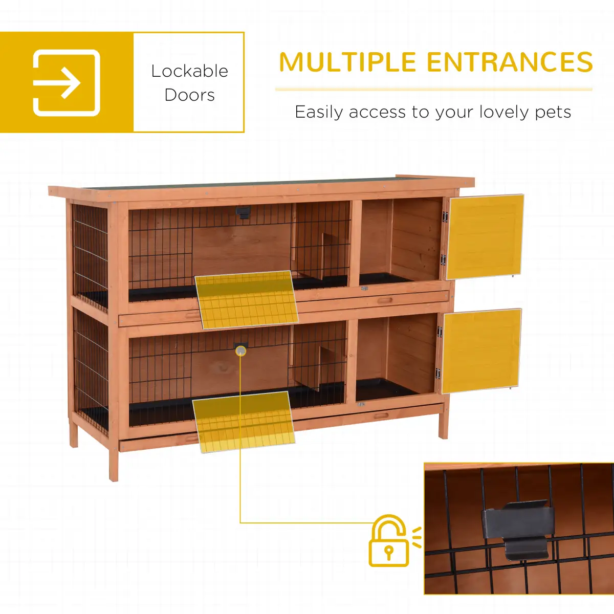 Pawhut Rabbit Hutch for Two Rabbits Outdoor Guinea Pig Cage w/ Removable Trays, Orange - Rabbit Hutch