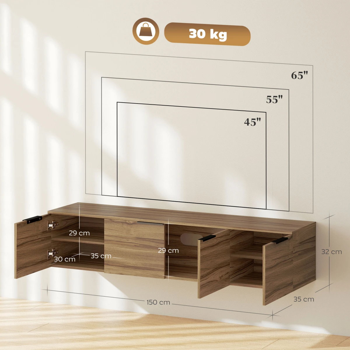 HOMCOM Floating TV Stand 65in TV Shelves Rustic Brown Den by HOMCOM