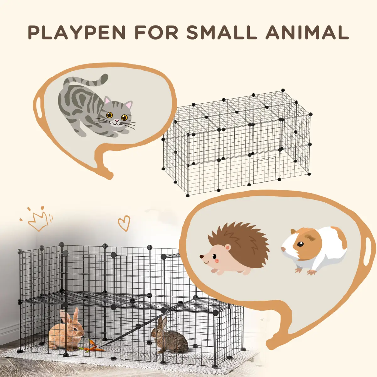 Pawhut Small Animals Cage DIY 36 Panels Pet Playpen, for Rabbit Guinea Pig Chinchilla - Pet Playpen
